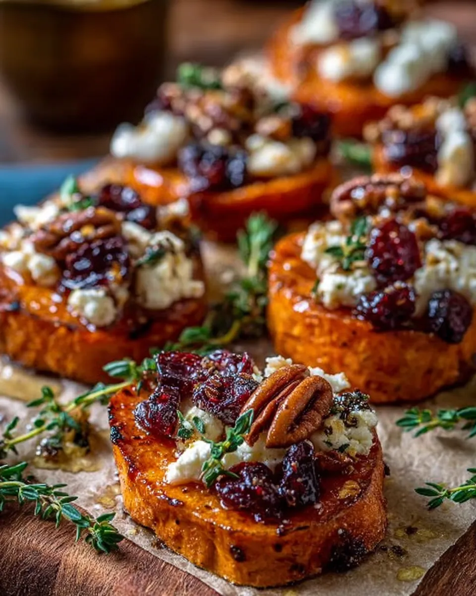Sweet potato rounds topped with feta, cranberries, and pecans on a serving platter.