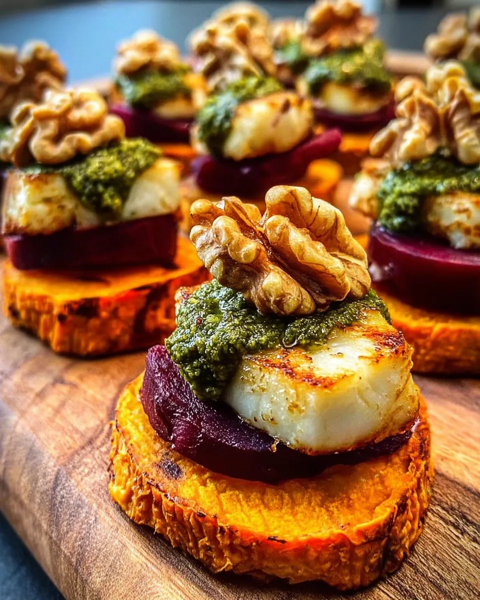 Sweet potato rounds topped with halloumi, roasted beets, and walnut sage pesto on a festive serving platter.