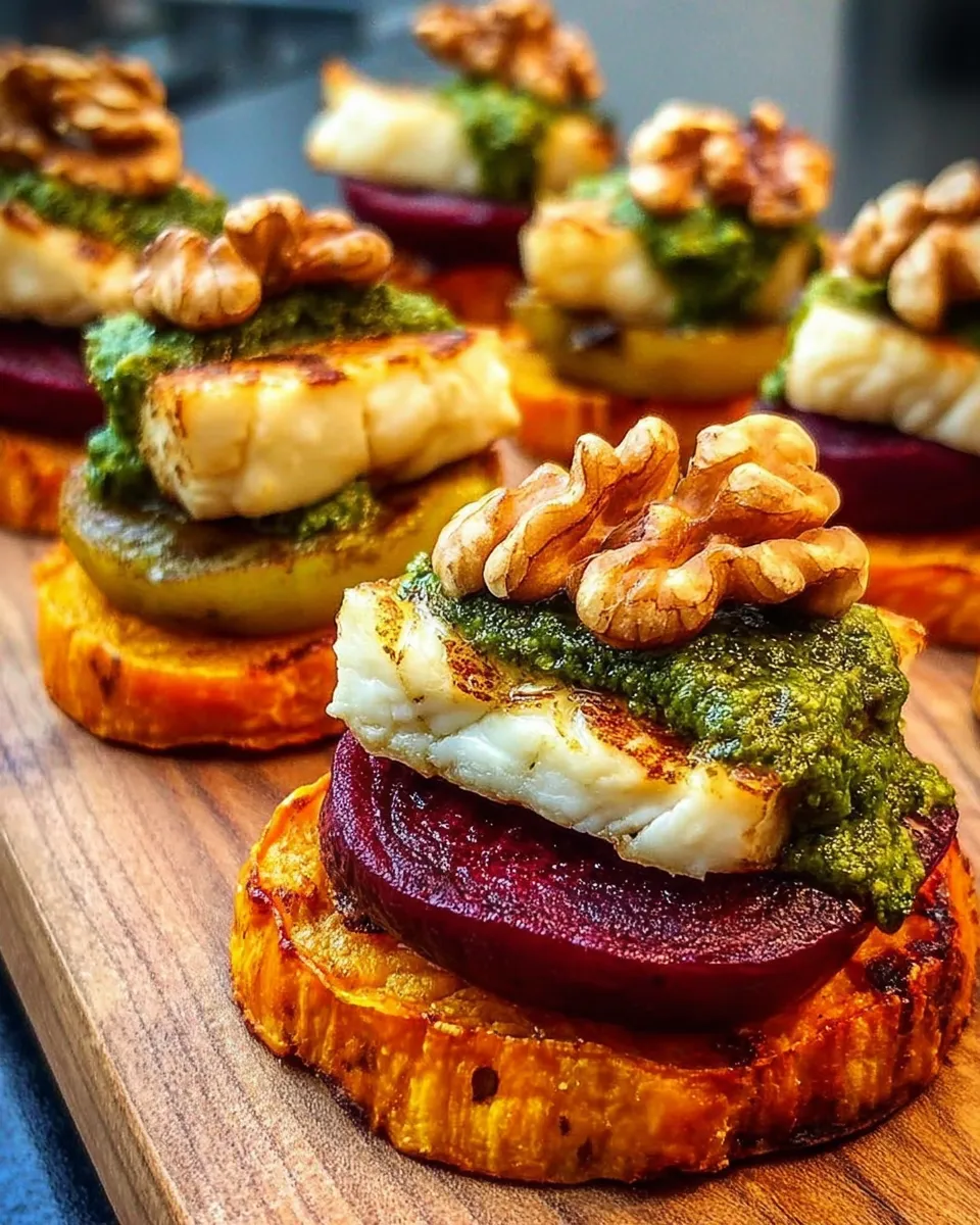 Assembling sweet potato rounds with beet slices and grilled halloumi