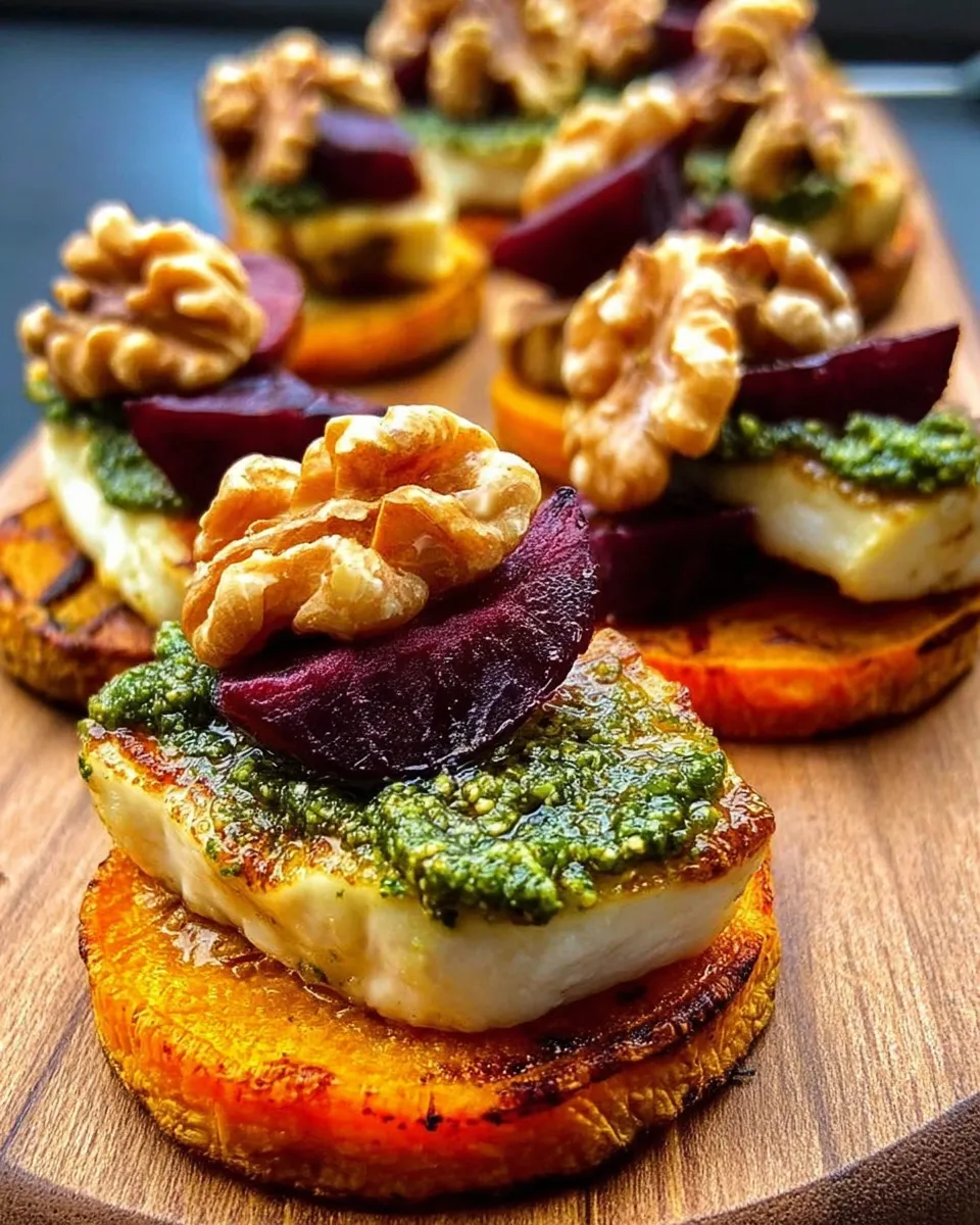 Plated sweet potato rounds with halloumi and beet pesto on a serving tray