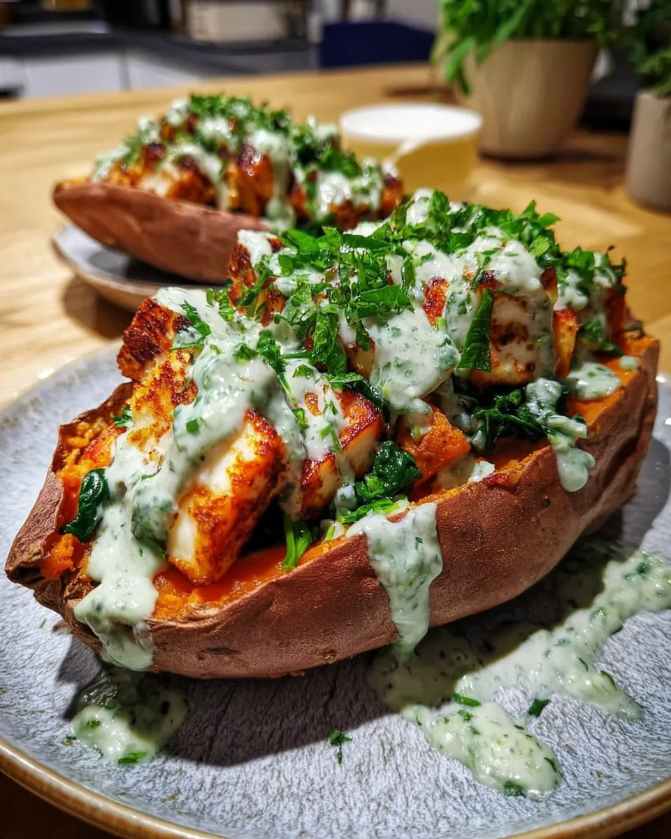 Sweet potato stuffed with halloumi, spinach, and mint yogurt
