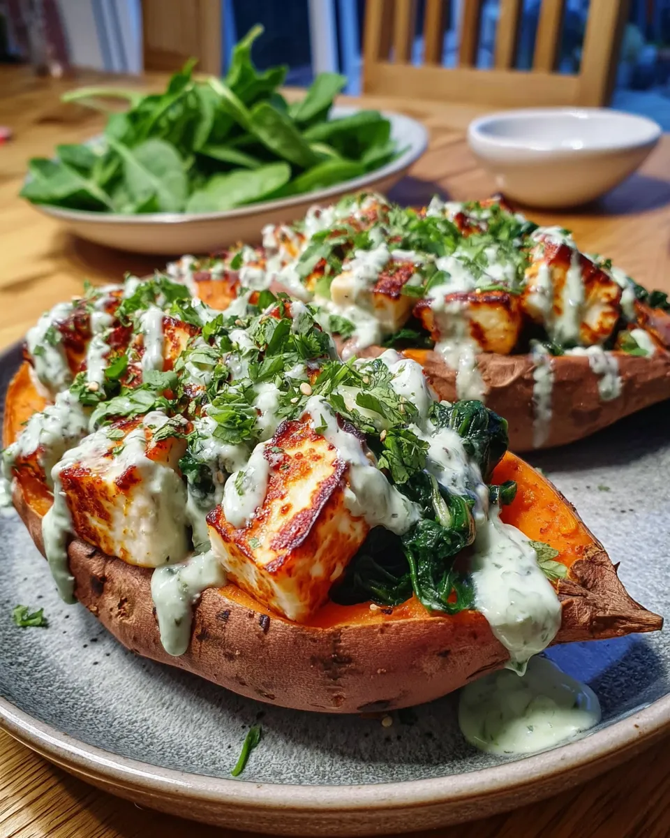 Plated sweet potato stuffed with halloumi and mint yogurt drizzle
