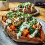 Sweet potato stuffed with halloumi, spinach, and mint-yogurt drizzle.