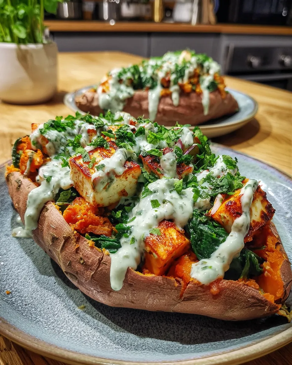 Sweet potato stuffed with halloumi, spinach, and mint-yogurt drizzle.
