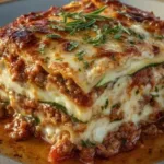Zucchini cottage cheese bake with golden topping, served in a baking dish.