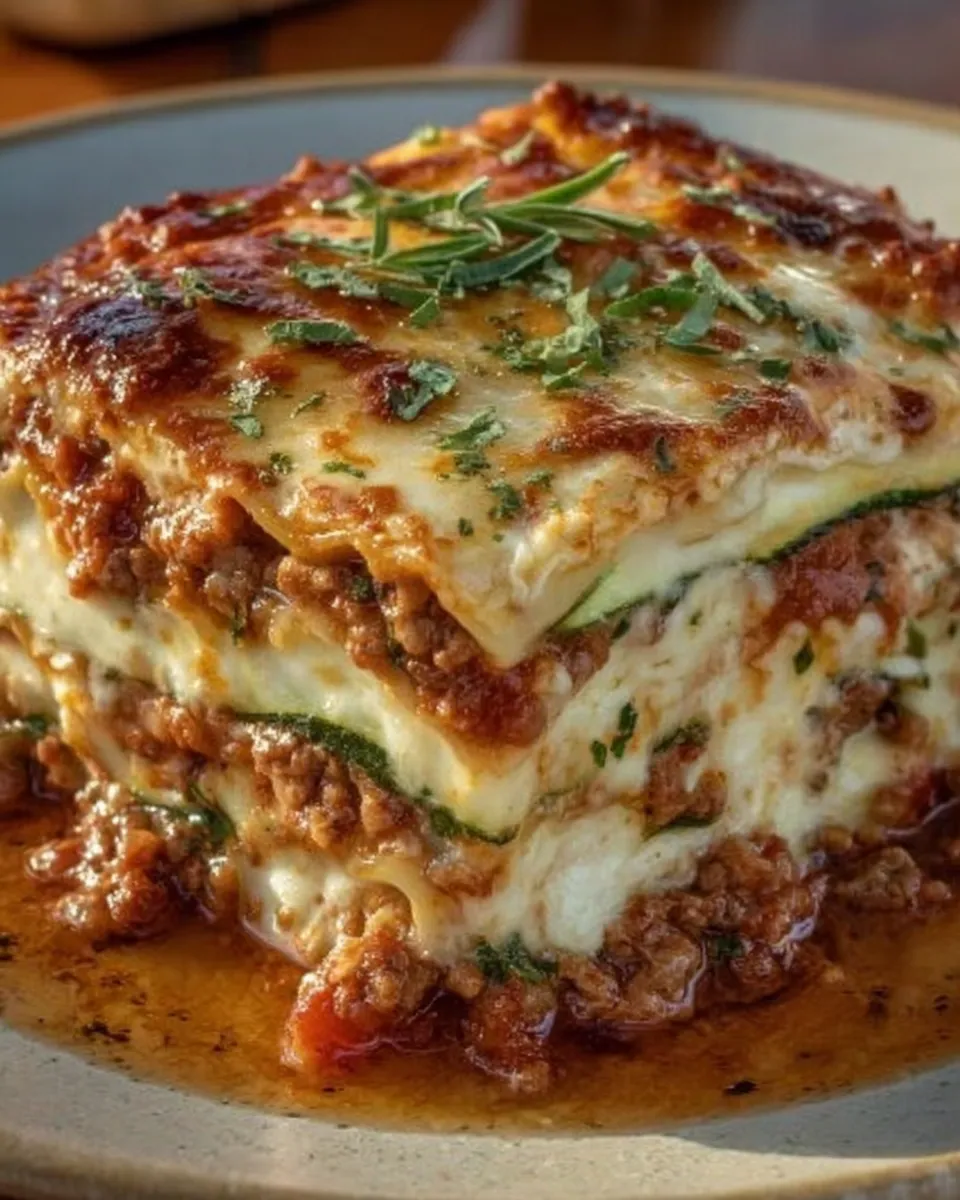 Zucchini cottage cheese bake with golden topping, served in a baking dish.