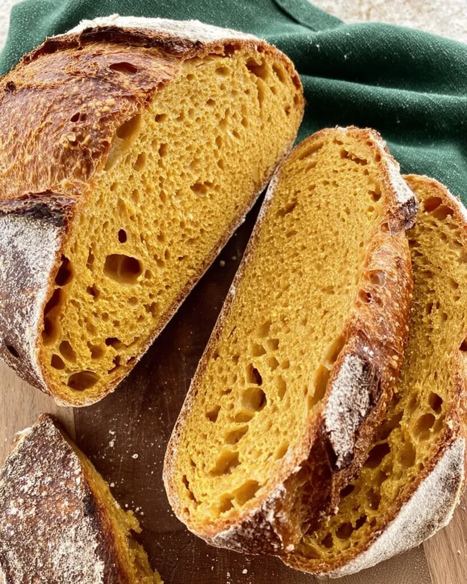 Pumpkin sourdough bread fresh from oven on wooden board