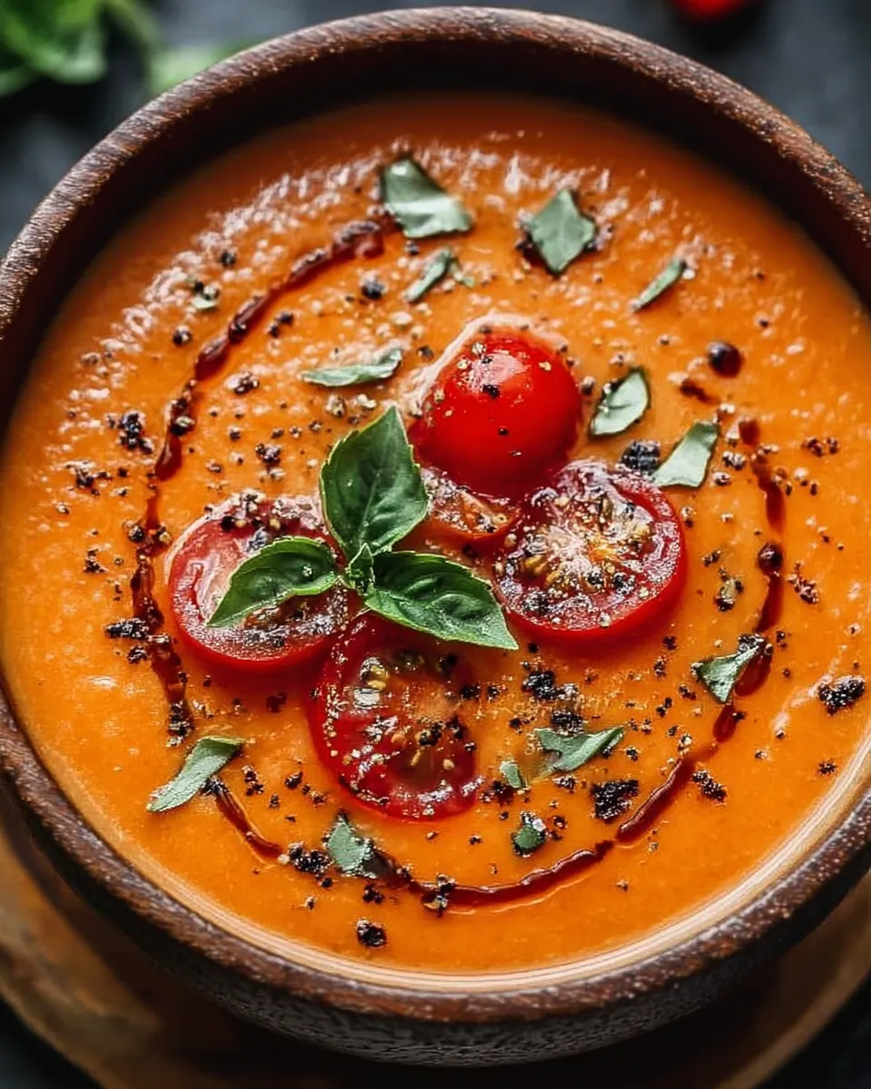 Roasted tomato basil soup simmering in pot