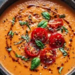 Homemade roasted tomato and basil soup with garlic and cream