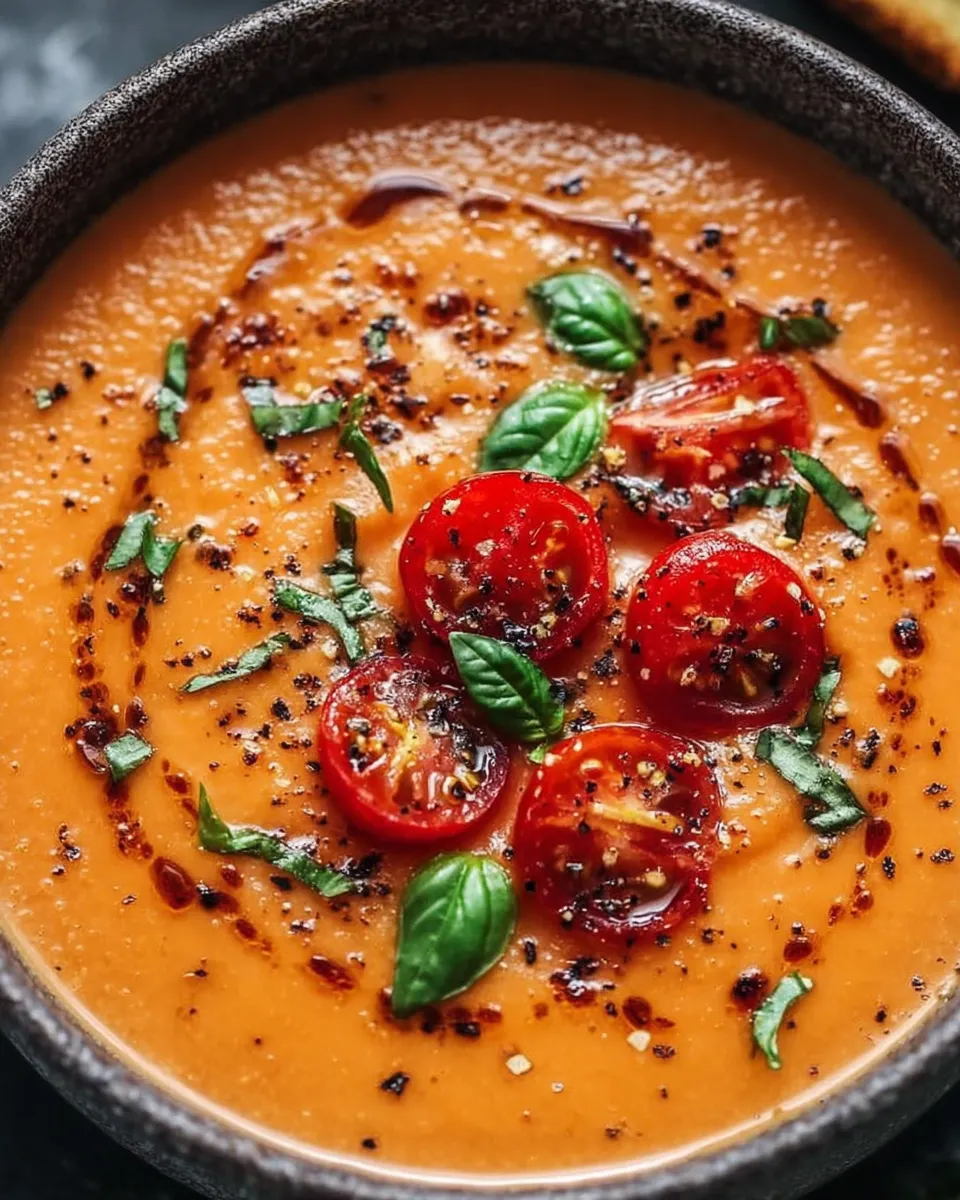 Homemade roasted tomato and basil soup with garlic and cream