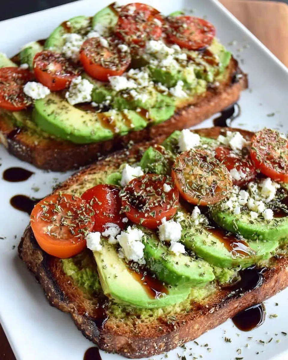 Assembling avocado toast with feta and tomatoes