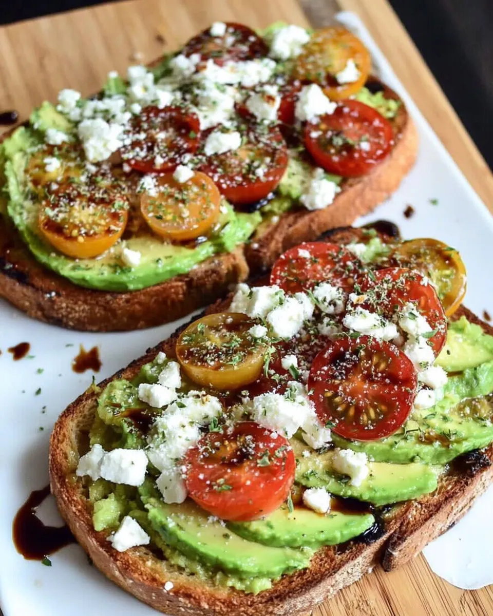 Served avocado toast with feta and tomatoes