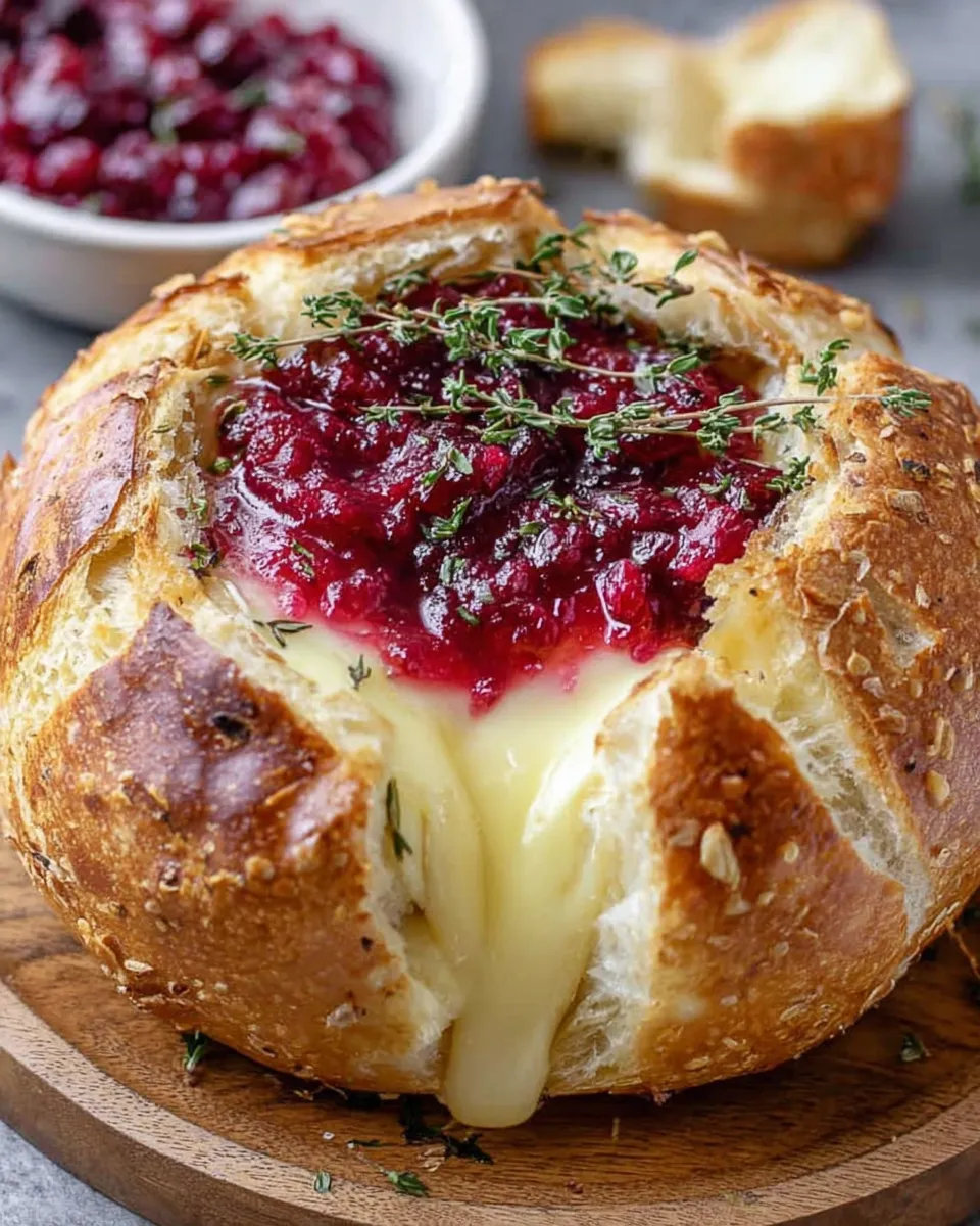 Baked brie in bread bowl with cranberry sauce and thyme served hot