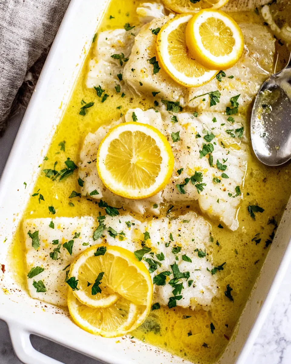 Baked Lemon-Garlic Cod with Butter Sauce plated