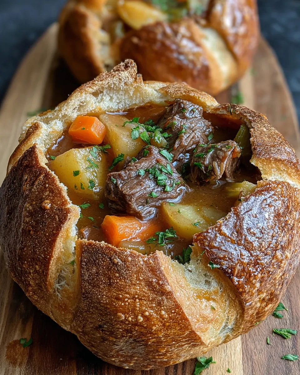 Beef Stew Served in Bread Bowls