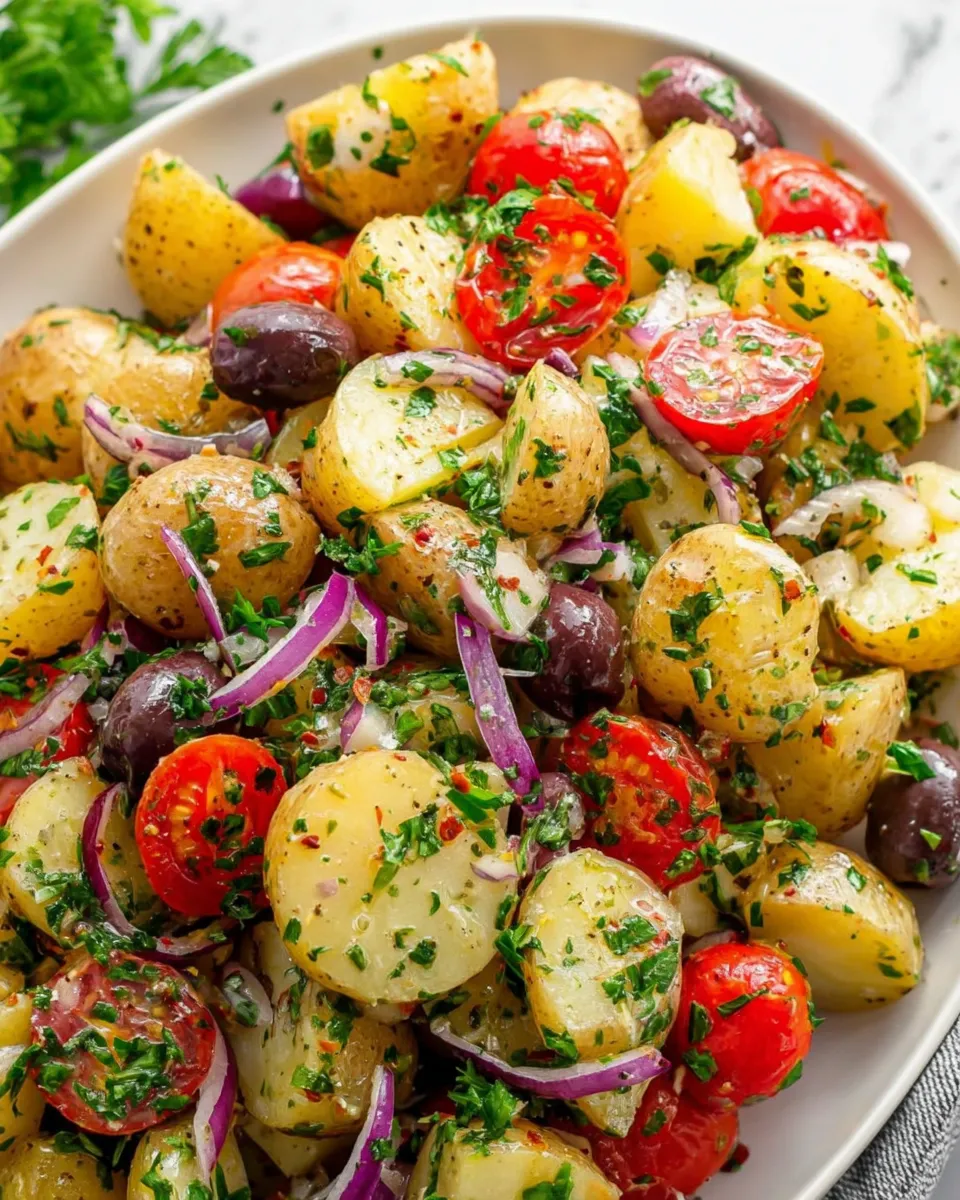 Best Ever Healthy Mediterranean Potato Salad served fresh