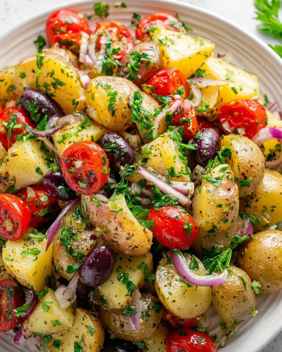 Mediterranean Potato Salad served in a rustic bowl with sides
