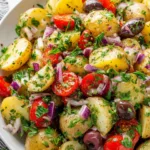 Bowl of healthy Mediterranean potato salad with olives, herbs, and olive oil.