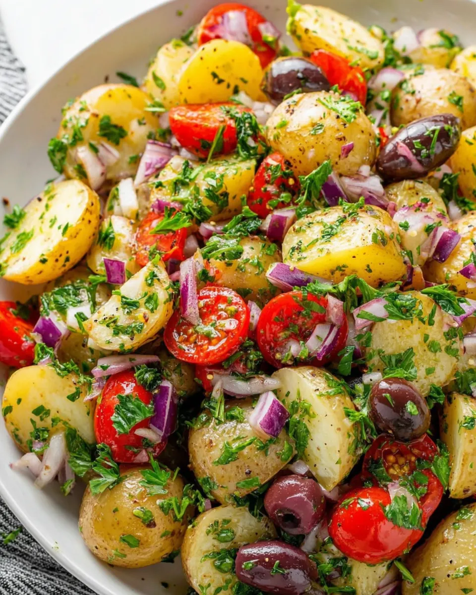 Bowl of healthy Mediterranean potato salad with olives, herbs, and olive oil.