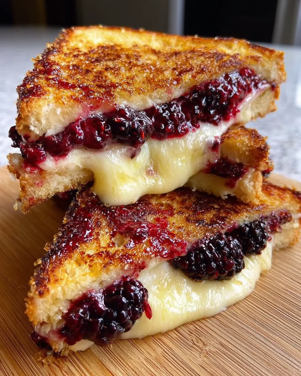 Brie and Blackberry Jam Grilled Cheese cut in half with melted Brie and jam oozing