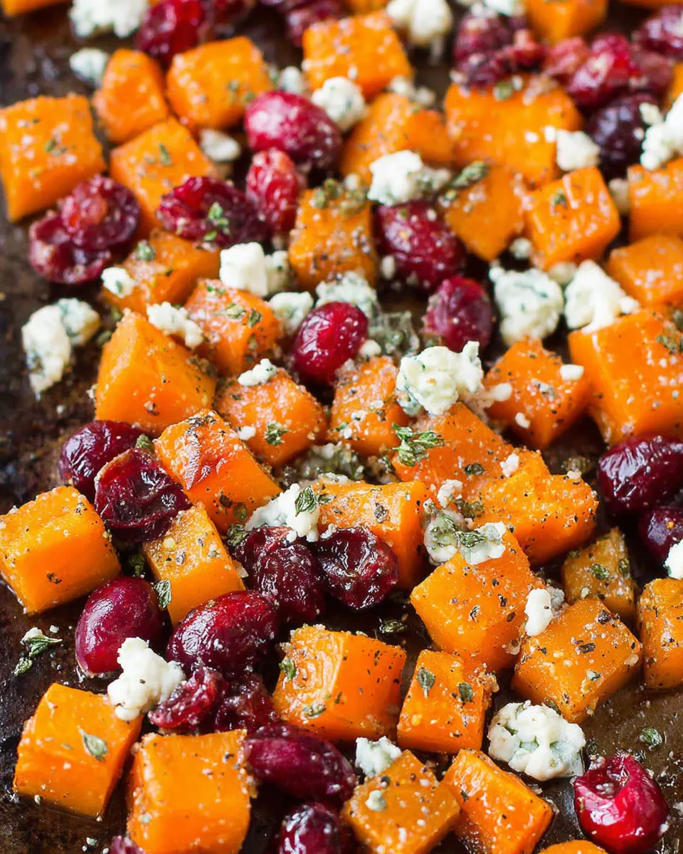 Final dish of caramelized butternut squash with cranberry glaze