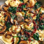Cheesy ravioli with spinach, mushrooms, and sun-dried tomatoes served on a plate
