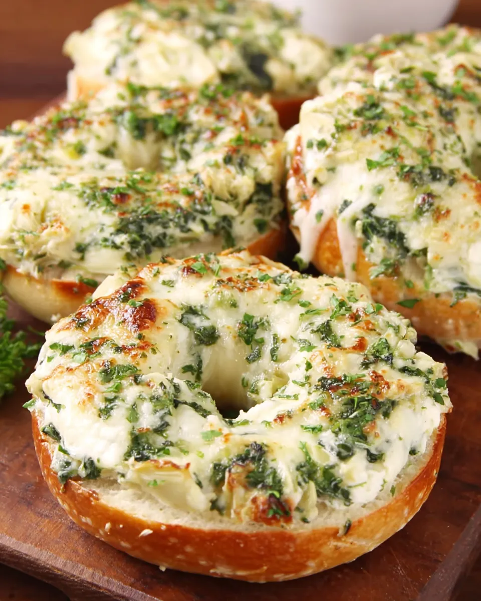 Cheesy Spinach-Artichoke Bagels fresh from oven