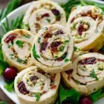 Chicken cranberry pinwheels next to recipe card
