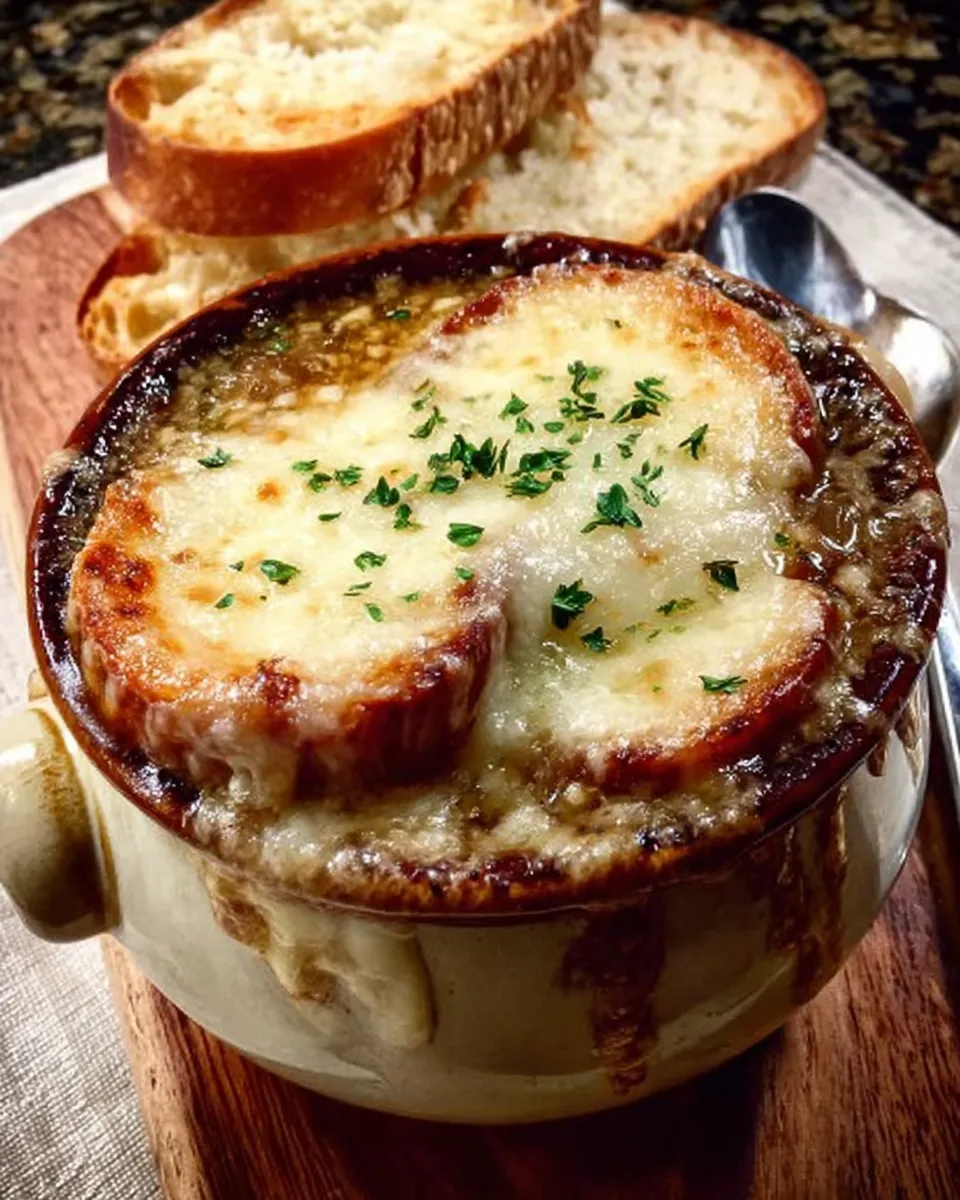 Classic French Onion Soup with Gruyère and Toasted Baguette