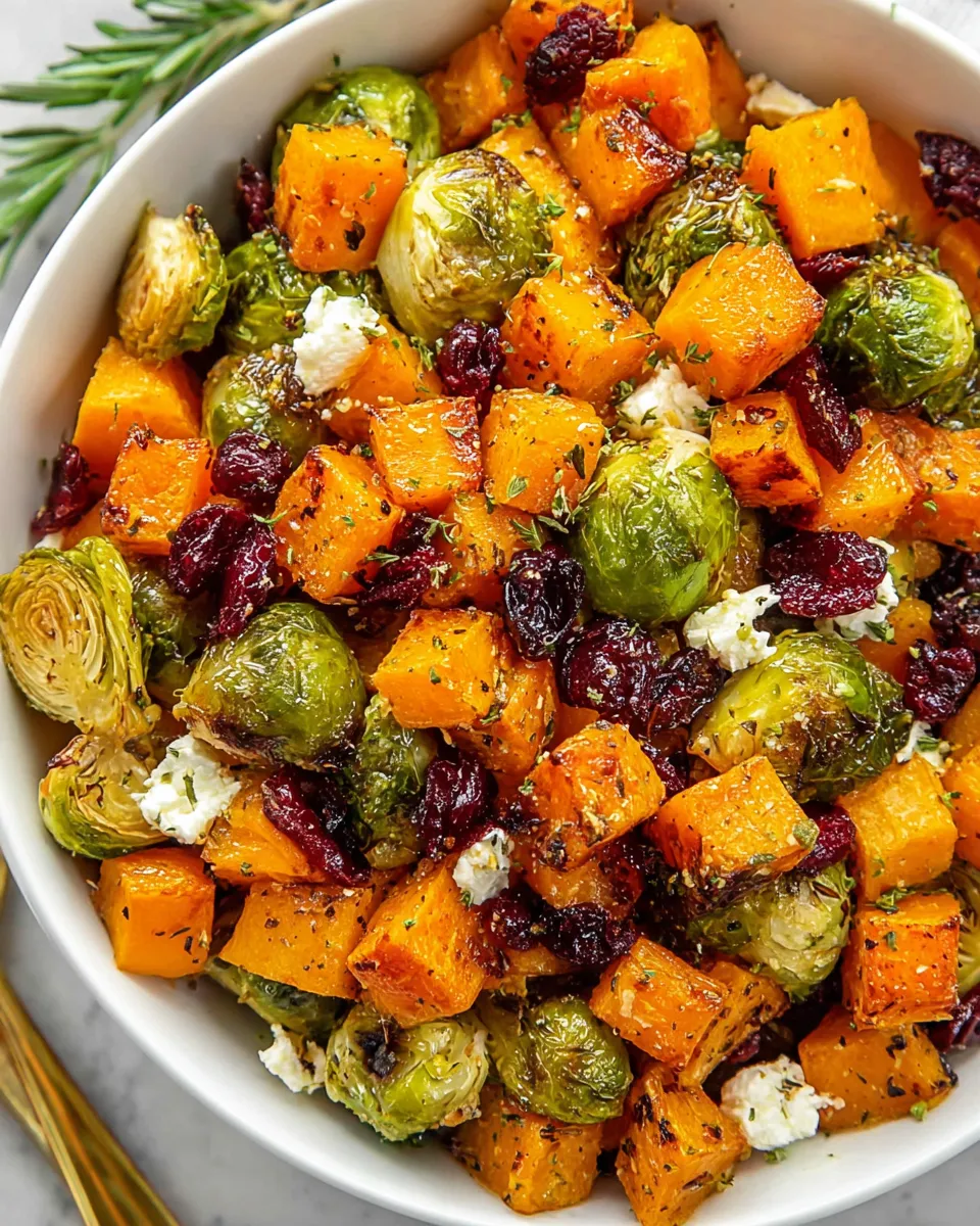 Serving bowl of cranberry-glazed roasted vegetables with feta