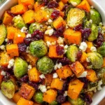 Cranberry-glazed roasted butternut squash with Brussels sprouts and feta