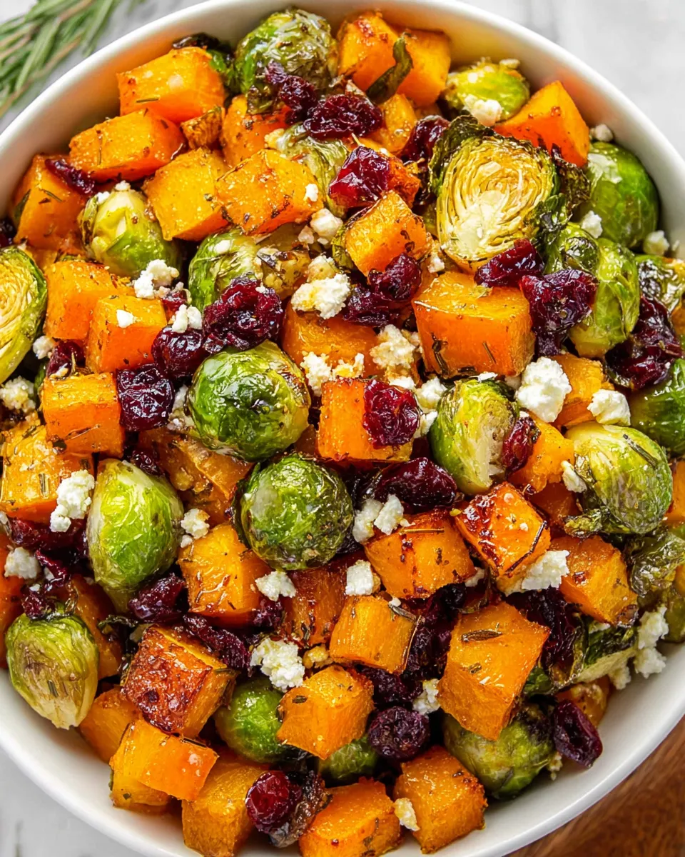 Cranberry-glazed roasted butternut squash with Brussels sprouts and feta