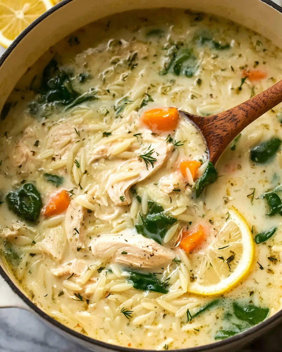 Creamy crockpot lemon chicken soup with orzo and spinach