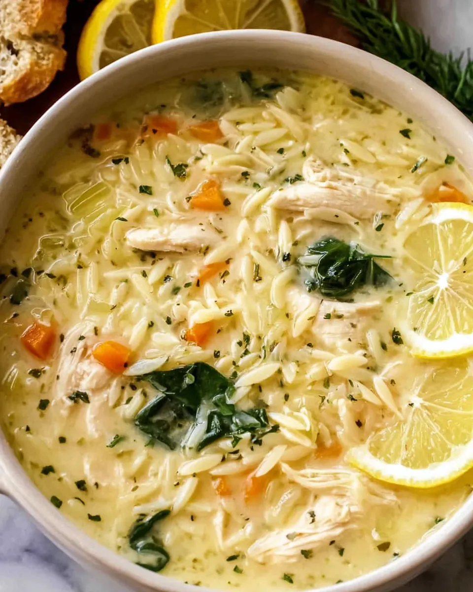 Served bowl of crockpot lemon chicken soup with orzo