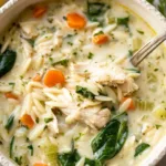 Crockpot lemon chicken soup with orzo and spinach served in a bowl with lemon slices.