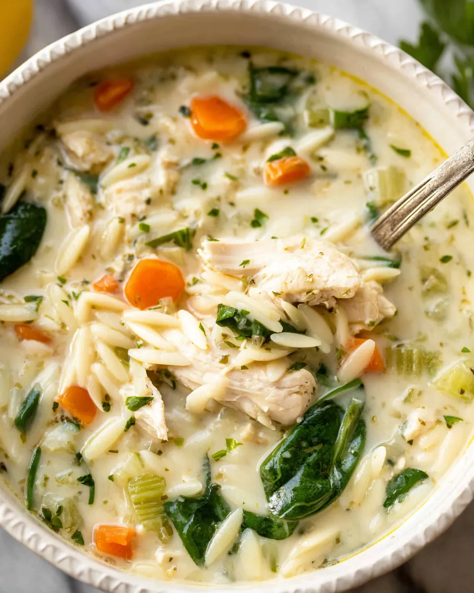 Crockpot lemon chicken soup with orzo and spinach served in a bowl with lemon slices.