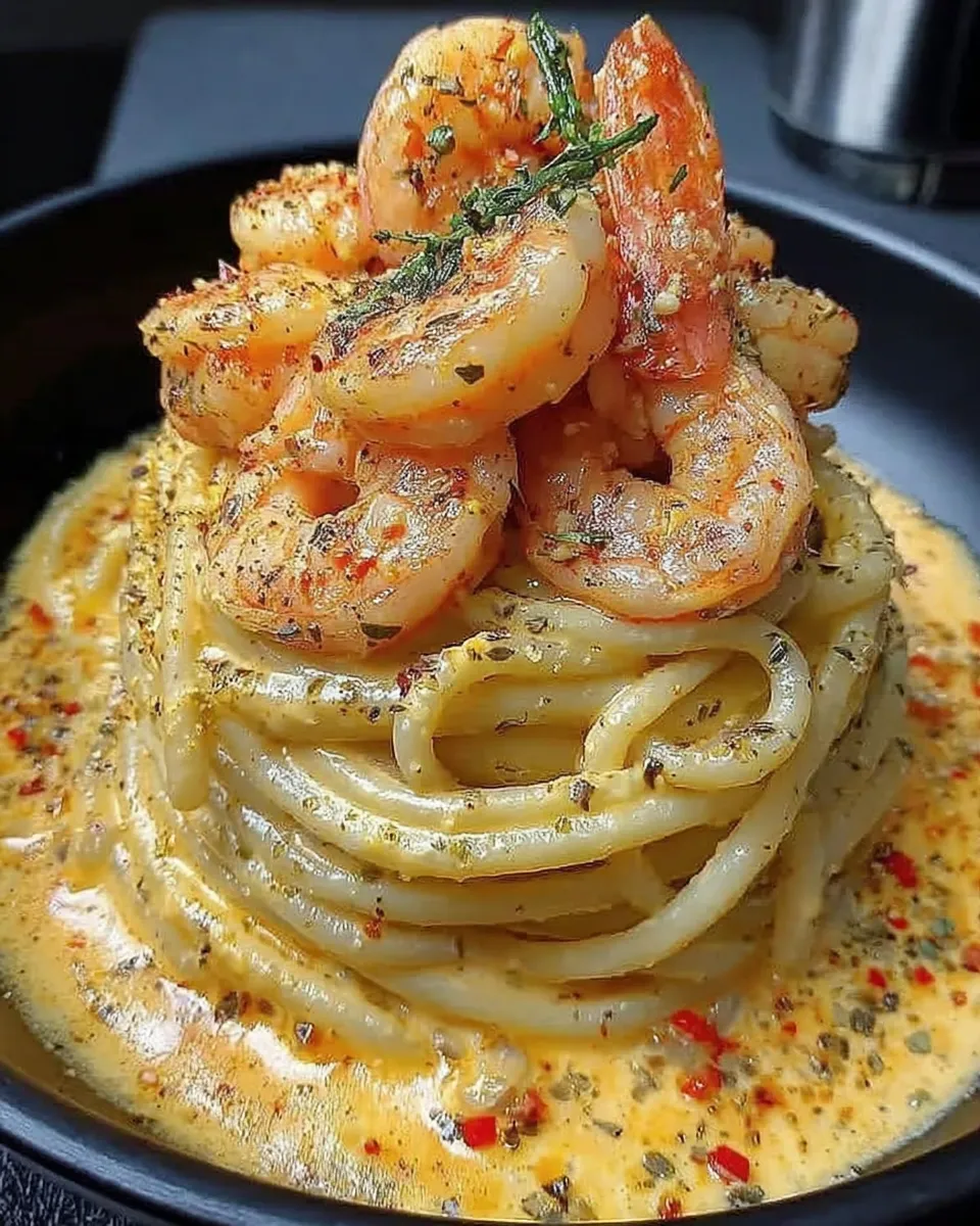 Ingredients for creamy shrimp linguine arranged on a kitchen counter