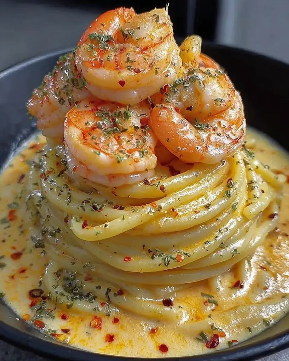 Plated creamy shrimp linguine with parsley and garlic bread