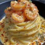 Creamy shrimp linguine pasta in a rustic bowl with parsley and lemon