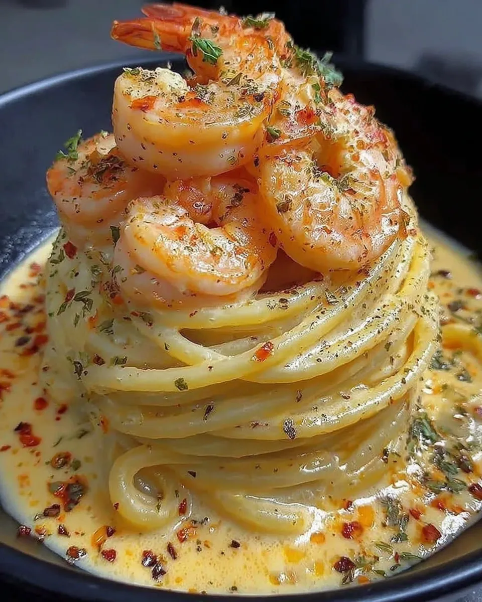 Creamy shrimp linguine pasta in a rustic bowl with parsley and lemon