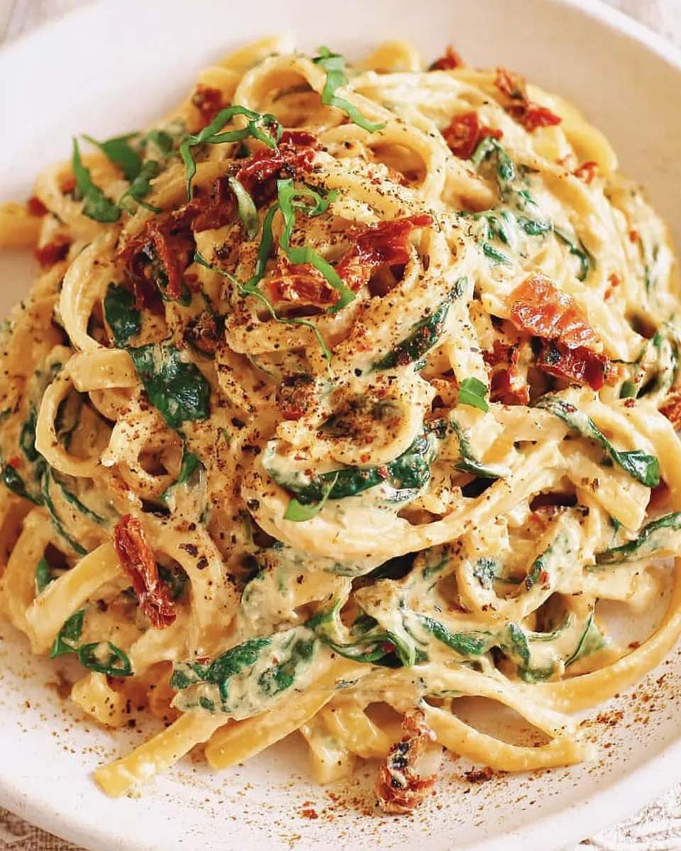 Linguine with spinach and sun-dried tomato cream sauce served in rustic bowl