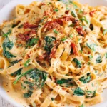 Linguine pasta with spinach and sun-dried tomato cream sauce in a white bowl.