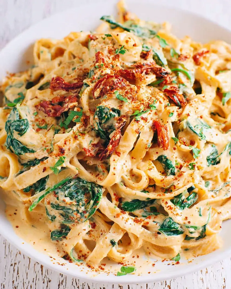 Linguine pasta with spinach and sun-dried tomato cream sauce in a white bowl.