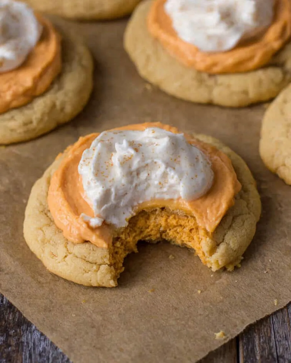 Crumbl pumpkin pie cookies topped with creamy pumpkin filling and whipped cream.