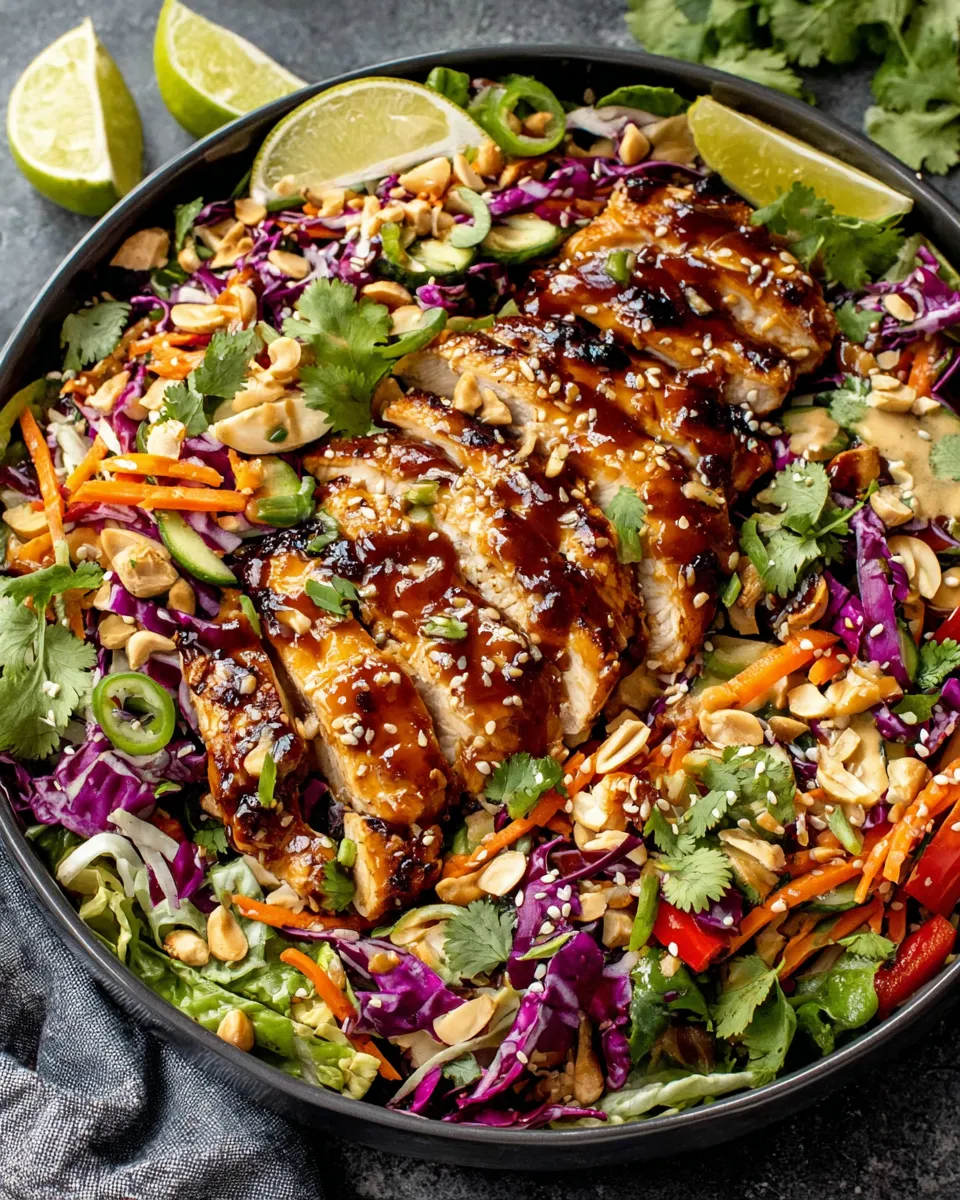 Crunchy Asian sesame chicken salad served on a rustic platter with toppings