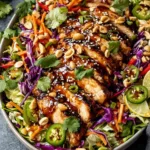 Crunchy Asian Sesame Chicken Salad with grilled chicken and fresh vegetables in a white bowl