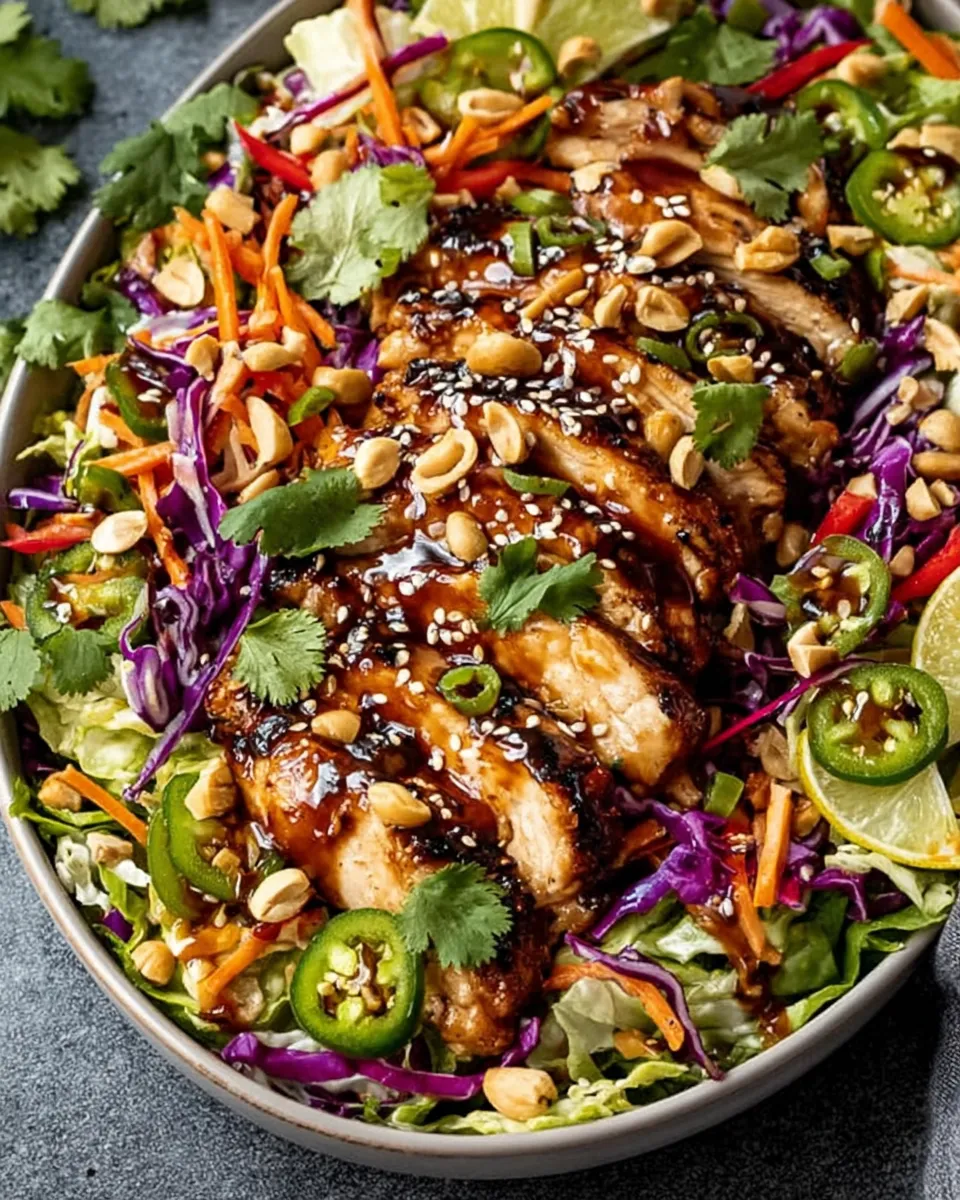 Crunchy Asian Sesame Chicken Salad with grilled chicken and fresh vegetables in a white bowl