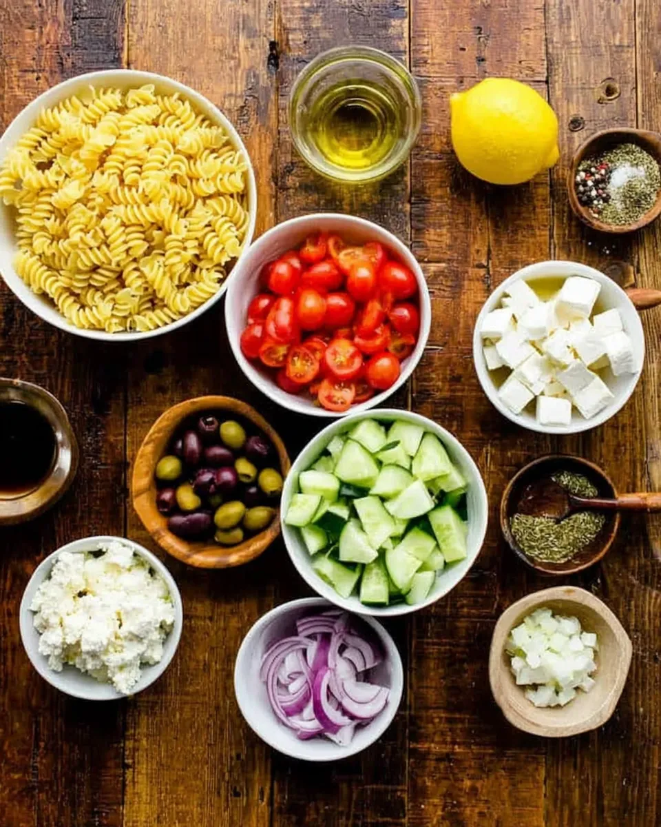 Ingredients for Easy Greek Pasta Salad laid out in bowls