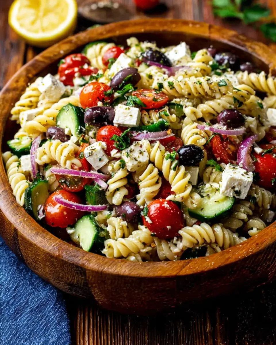 Served Greek pasta salad garnished with herbs and lemon