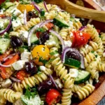 Close-up of a forkful of Greek pasta salad